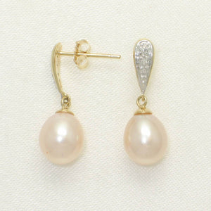 14k Yellow Gold Diamond & Pink Pearl Dangle Stud Earrings
