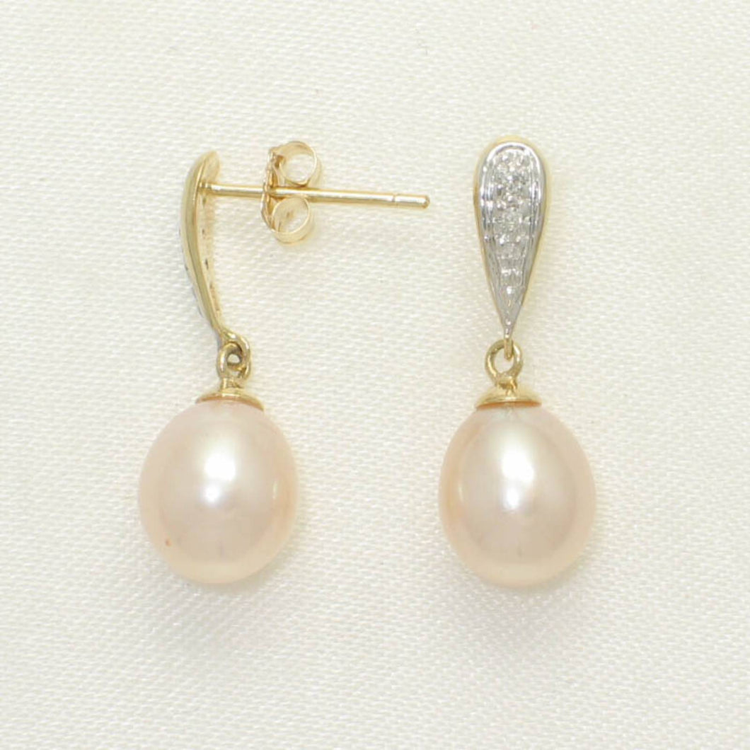 14k Yellow Gold Diamond & Pink Pearl Dangle Stud Earrings