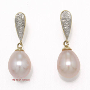 14k Yellow Gold Diamond & Pink Pearl Dangle Stud Earrings