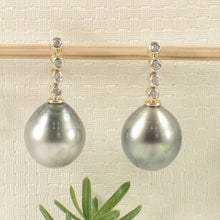 Load image into Gallery viewer, 14k Yellow Gold &amp; Diamond Silver Gray Tahitian Pearl Earrings