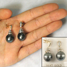 Load image into Gallery viewer, 14k Yellow Gold Diamond &amp; Tahitian Pearl Dangle Earrings