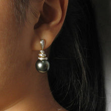 Load image into Gallery viewer, 14k Yellow Gold Diamond &amp; Tahitian Pearl Dangle Earrings