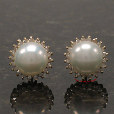 14k Yellow Gold Diamond & White Cultured Pearl Stud Earrings