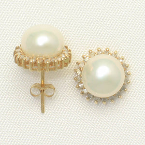 14k Yellow Gold Diamond & White Cultured Pearl Stud Earrings