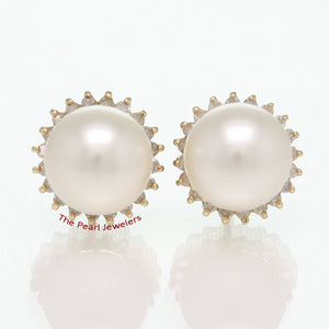 14k Yellow Gold Diamond & White Cultured Pearl Stud Earrings