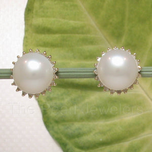 14k Yellow Gold Diamond & White Cultured Pearl Stud Earrings