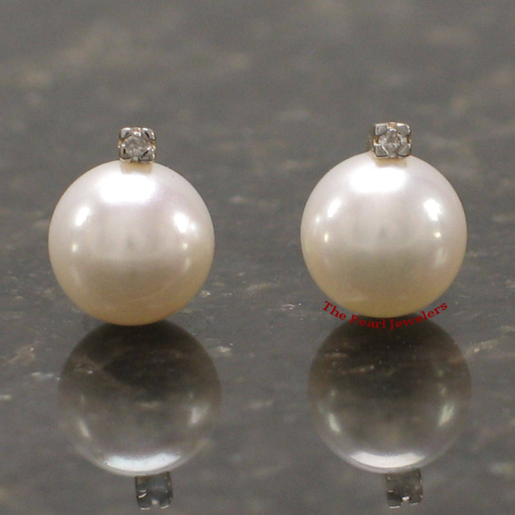 14k Yellow Gold Diamond & White Pearl Stud Earrings