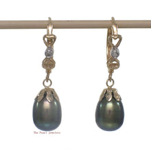 Load image into Gallery viewer, 14k Yellow Gold &amp; Diamonds Black-Green Cultured Pearls Dangle Hook Earrings