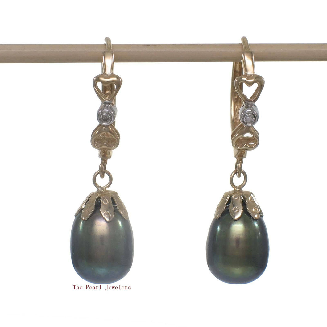 14k Yellow Gold & Diamonds Black-Green Cultured Pearls Dangle Hook Earrings