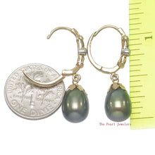 Load image into Gallery viewer, 14k Yellow Gold &amp; Diamonds Black-Green Cultured Pearls Dangle Hook Earrings