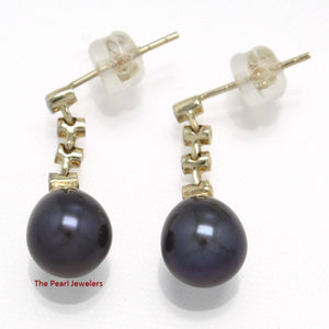 14k Yellow Gold Genuine Diamonds Black Pearl Dangle Stud Earrings