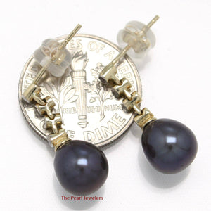 14k Yellow Gold Genuine Diamonds Black Pearl Dangle Stud Earrings