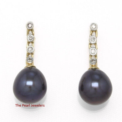 14k Yellow Gold Genuine Diamonds Black Pearl Dangle Stud Earrings