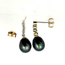 Load image into Gallery viewer, 14k Yellow Gold Genuine Diamonds Black Pearl Dangle Stud Earrings