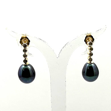 14k Yellow Gold Genuine Diamonds Black Pearl Dangle Stud Earrings