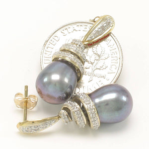 14k Yellow Gold Diamond & Black Pearl Dangle Stud Earrings