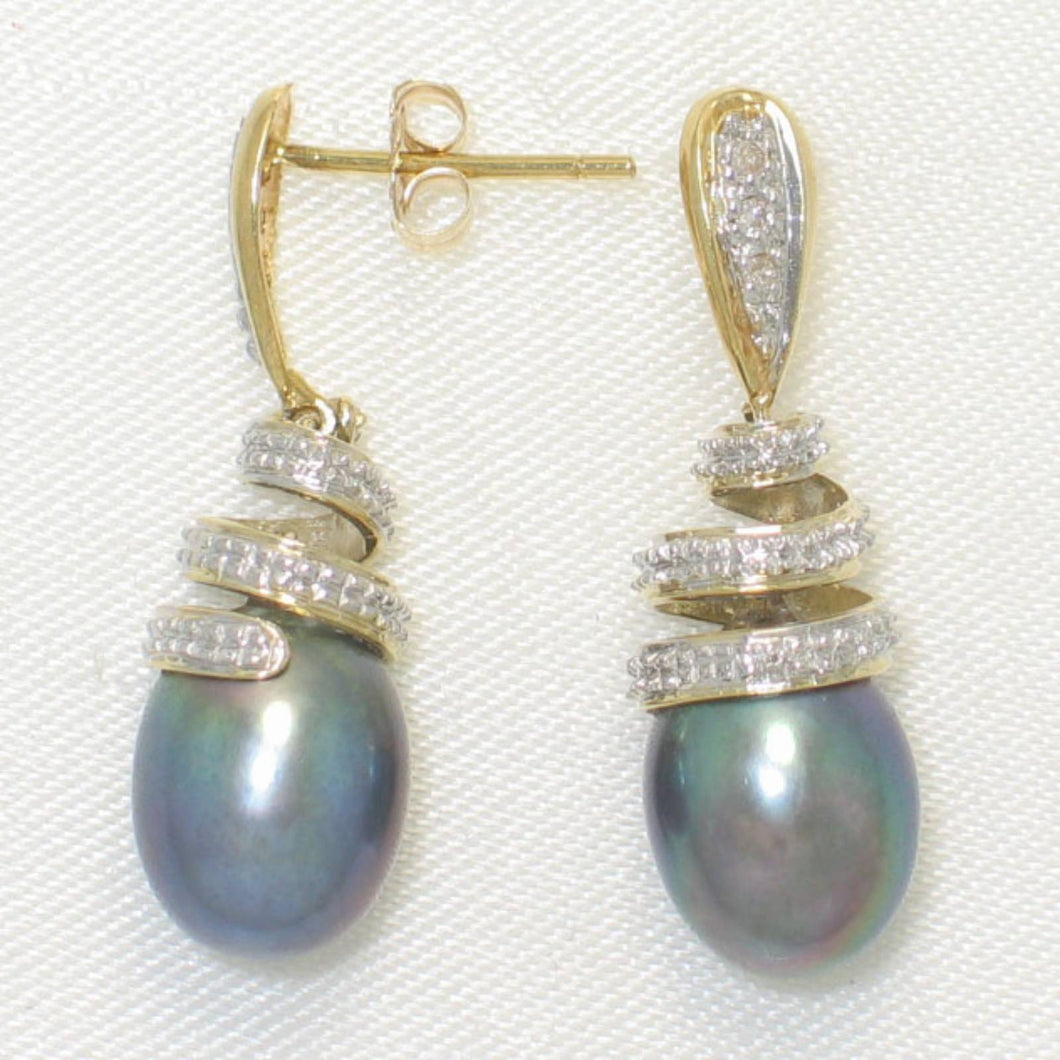 14k Yellow Gold Diamond & Black Pearl Dangle Stud Earrings