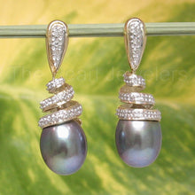 Load image into Gallery viewer, 14k Yellow Gold Diamond &amp; Black Pearl Dangle Stud Earrings