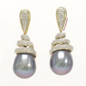 14k Yellow Gold Diamond & Black Pearl Dangle Stud Earrings