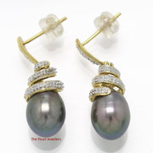 Load image into Gallery viewer, 14k Yellow Gold Diamond &amp; Black Pearl Dangle Stud Earrings