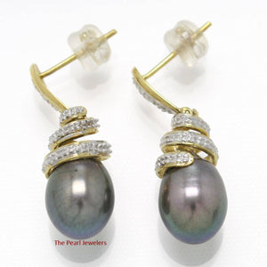 14k Yellow Gold Diamond & Black Pearl Dangle Stud Earrings