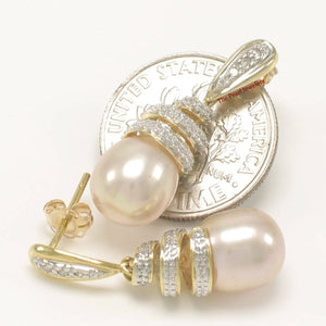 14k Yellow Gold Diamond & Pink Pearl Dangle Stud Earrings