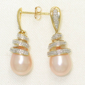 14k Yellow Gold Diamond & Pink Pearl Dangle Stud Earrings