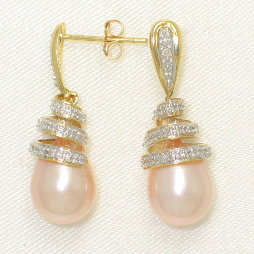 14k Yellow Gold Diamond & Pink Pearl Dangle Stud Earrings