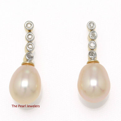 14k Yellow Gold Diamonds Romantic Pink Pearl Dangle Earrings