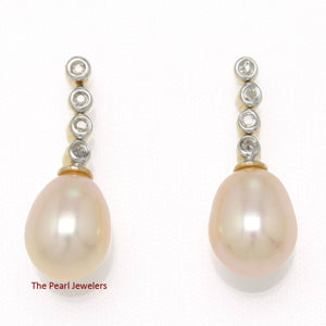 14k Yellow Gold Diamonds Romantic Pink Pearl Dangle Earrings