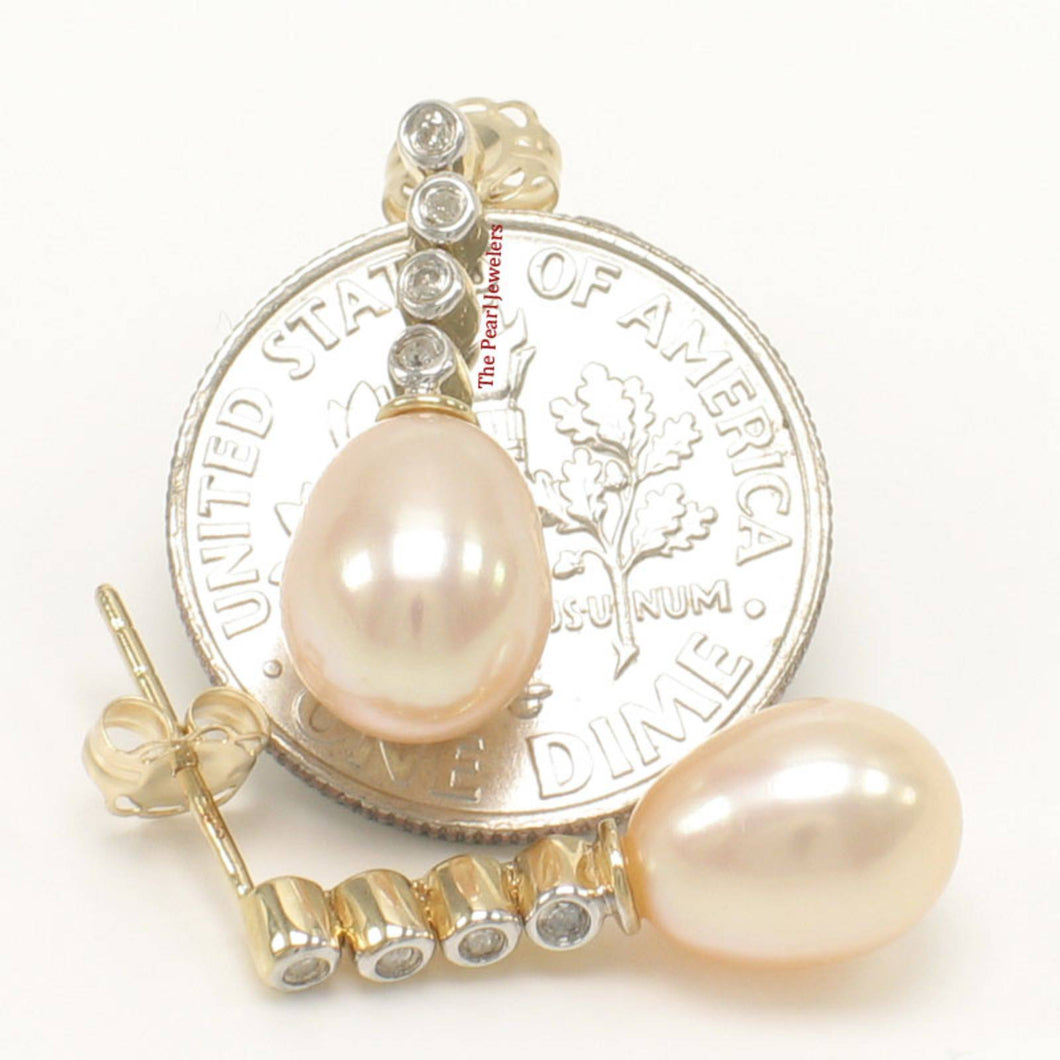14k Yellow Gold Diamonds Romantic Pink Pearl Dangle Earrings