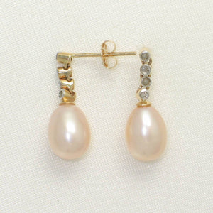 14k Yellow Gold Diamonds Romantic Pink Pearl Dangle Earrings