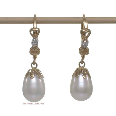 14k Yellow Gold Diamonds & White Cultured Pearls Dangle Earrings
