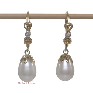 14k Yellow Gold Diamonds & White Cultured Pearls Dangle Earrings