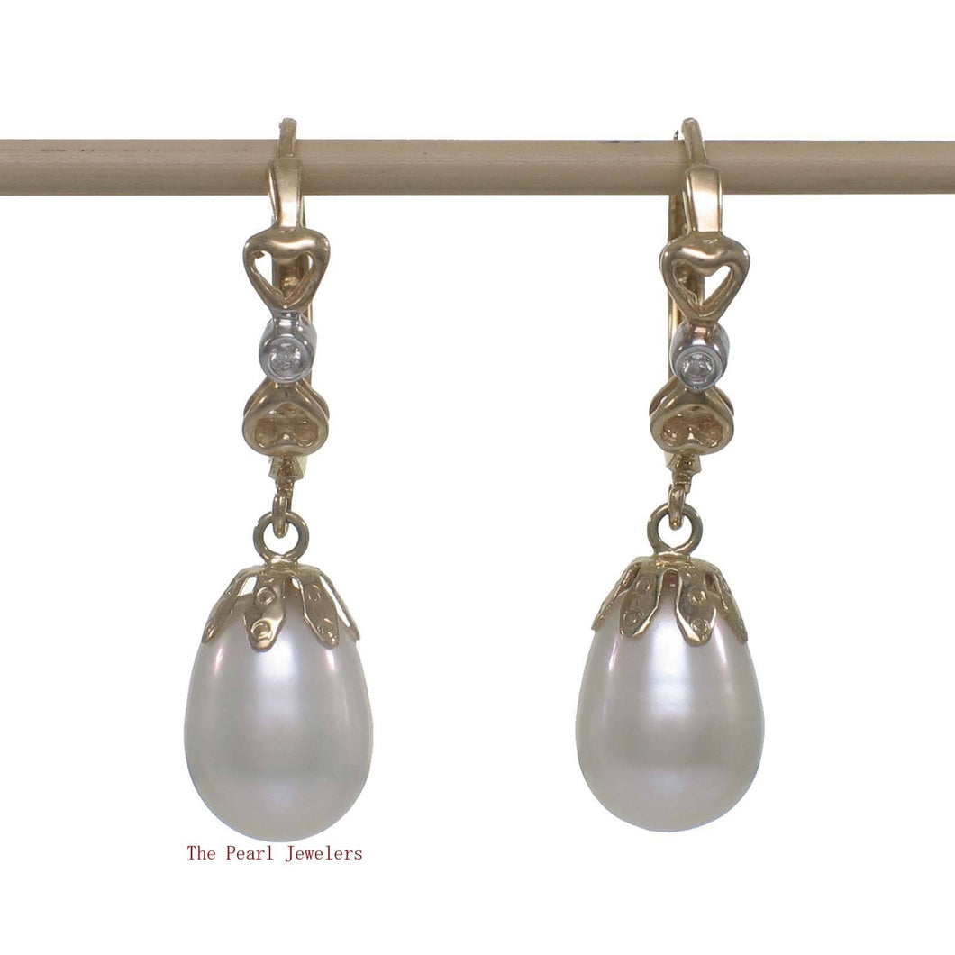 14k Yellow Gold Diamonds & White Cultured Pearls Dangle Earrings
