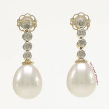 Load image into Gallery viewer, 14k Yellow Gold Genuine Diamonds White Pearl Dangle Stud Earrings