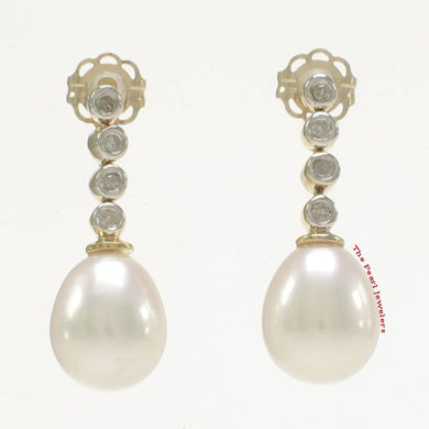 14k Yellow Gold Genuine Diamonds White Pearl Dangle Stud Earrings
