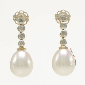 14k Yellow Gold Genuine Diamonds White Pearl Dangle Stud Earrings