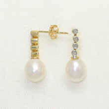 Load image into Gallery viewer, 14k Yellow Gold Genuine Diamonds White Pearl Dangle Stud Earrings