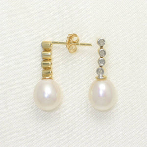 14k Yellow Gold Genuine Diamonds White Pearl Dangle Stud Earrings