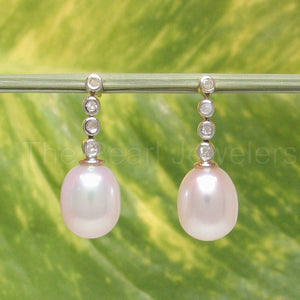 14k Yellow Gold Genuine Diamonds White Pearl Dangle Stud Earrings