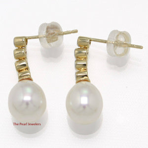 14k Yellow Gold Genuine Diamonds White Pearl Dangle Stud Earrings