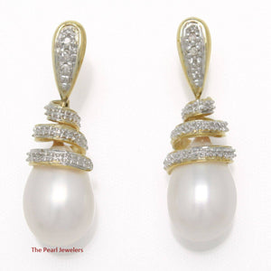 14k Yellow Gold Diamond & White Pearl Dangle Stud Earrings