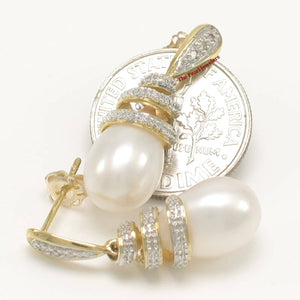 14k Yellow Gold Diamond & White Pearl Dangle Stud Earrings