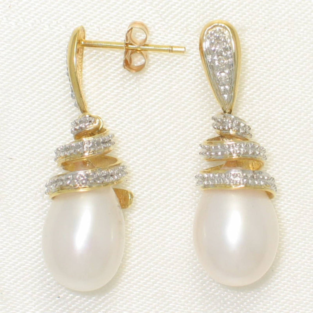 14k Yellow Gold Diamond & White Pearl Dangle Stud Earrings