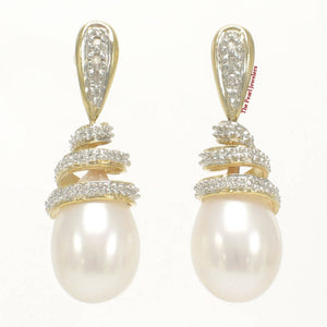 14k Yellow Gold Diamond & White Pearl Dangle Stud Earrings