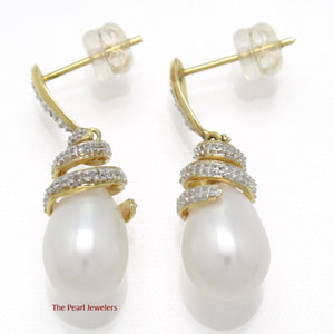 14k Yellow Gold Diamond & White Pearl Dangle Stud Earrings