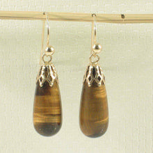 Load image into Gallery viewer, 14kt Yellow Gold Fish Hook Gold Ball &amp; Cups Brown Tiger-Eye Dangle Earrings