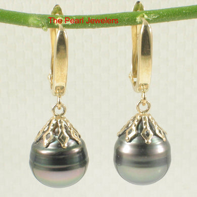 14k Yellow Gold Flower Cap Black Tahitian Pearl Dangle Earrings