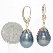 Load image into Gallery viewer, 14k Yellow Gold Flower Cap Leverback Black Tahitian Pearl Earrings